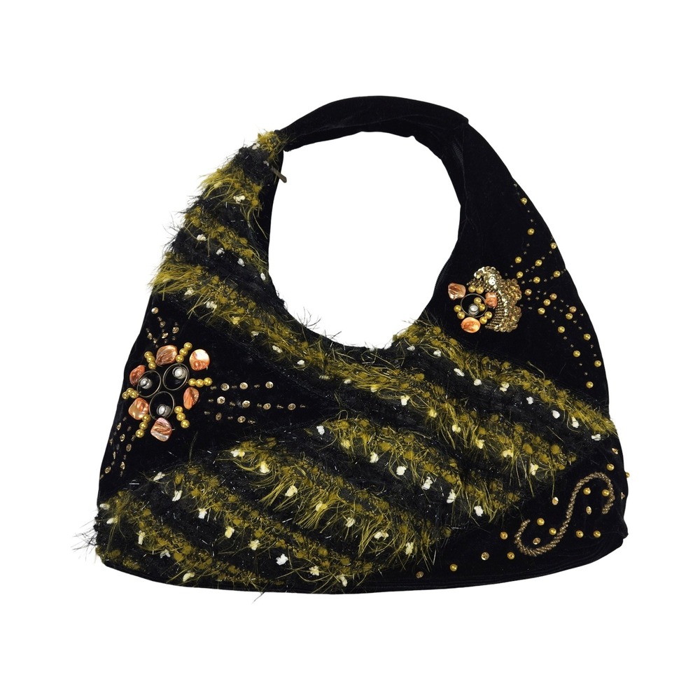 Vintage Black Velvet Beaded Sequin Shell Hobo Shoulder Bag Y2K Whimsigoth Boho